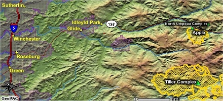 GeoMAC map with thermal imaging of the Apple Fire and Tiller Complex