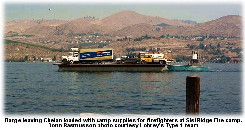 Barge loaded with supplies on Lake Chelan headed for fire camp