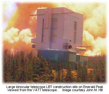 Smoke plumes behind the Large Binocular Telescope on Mt. Graham -- click for recent images