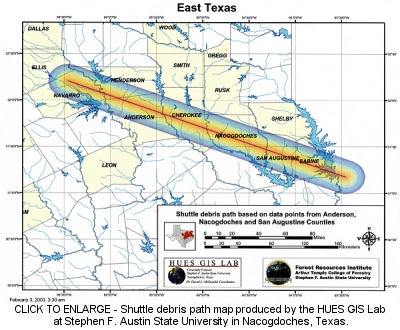 map of shuttle debris path in Texas